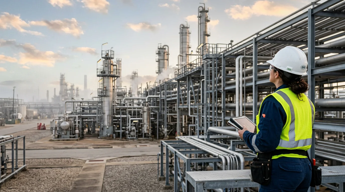 Safety professional overlooking an industrial facility